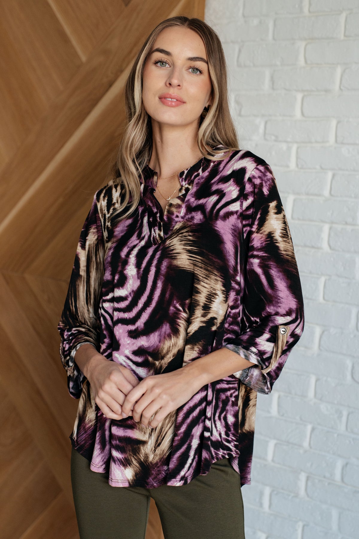 Lizzy Top in Purple and Taupe Animal Print