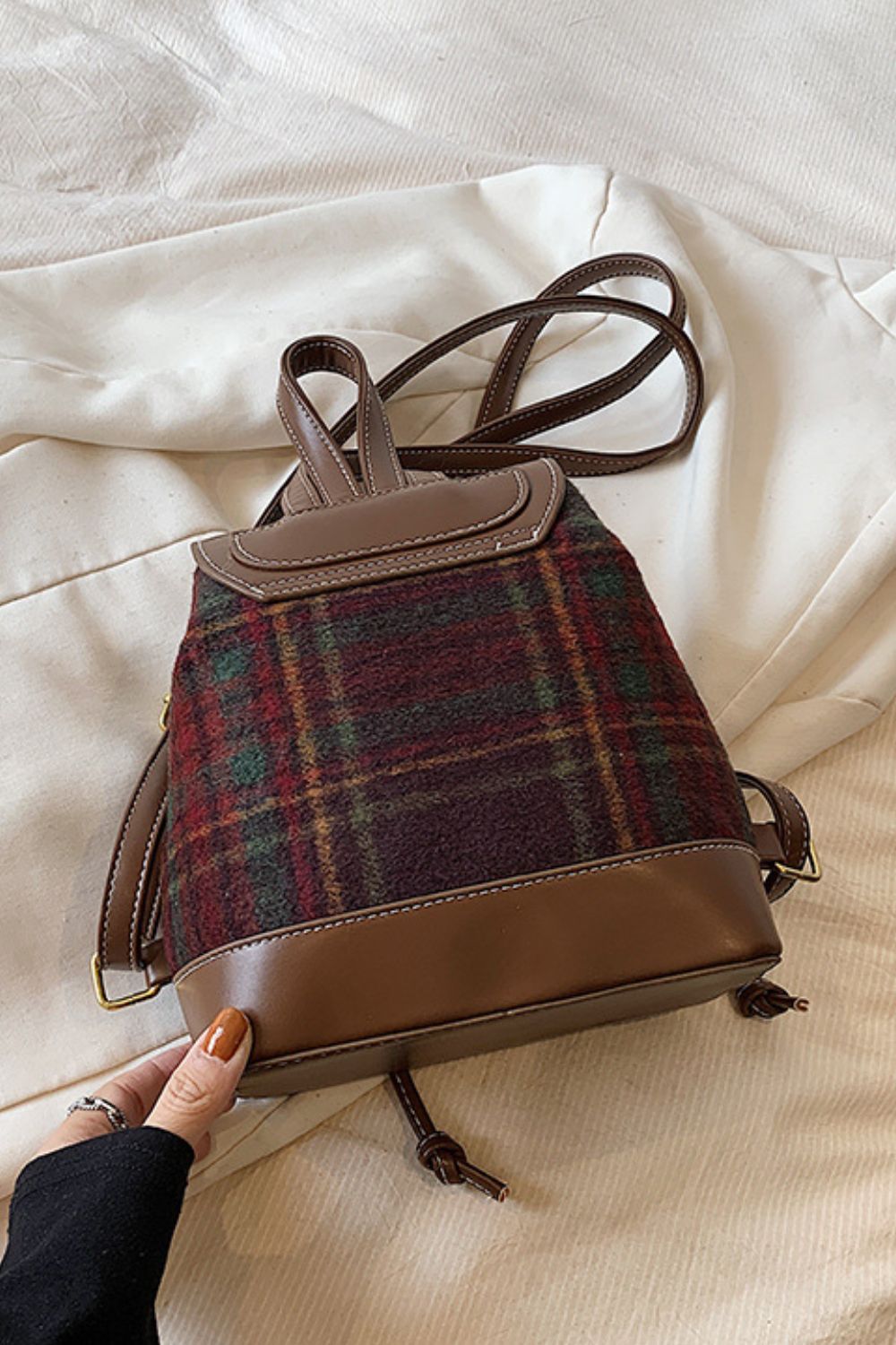 Freya PU Leather Drawstring Plaid Backpack Bag