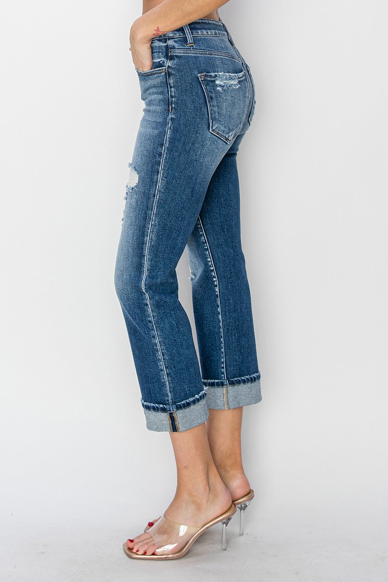 Charlee Cuffed Ankle Distressed Straight Jeans