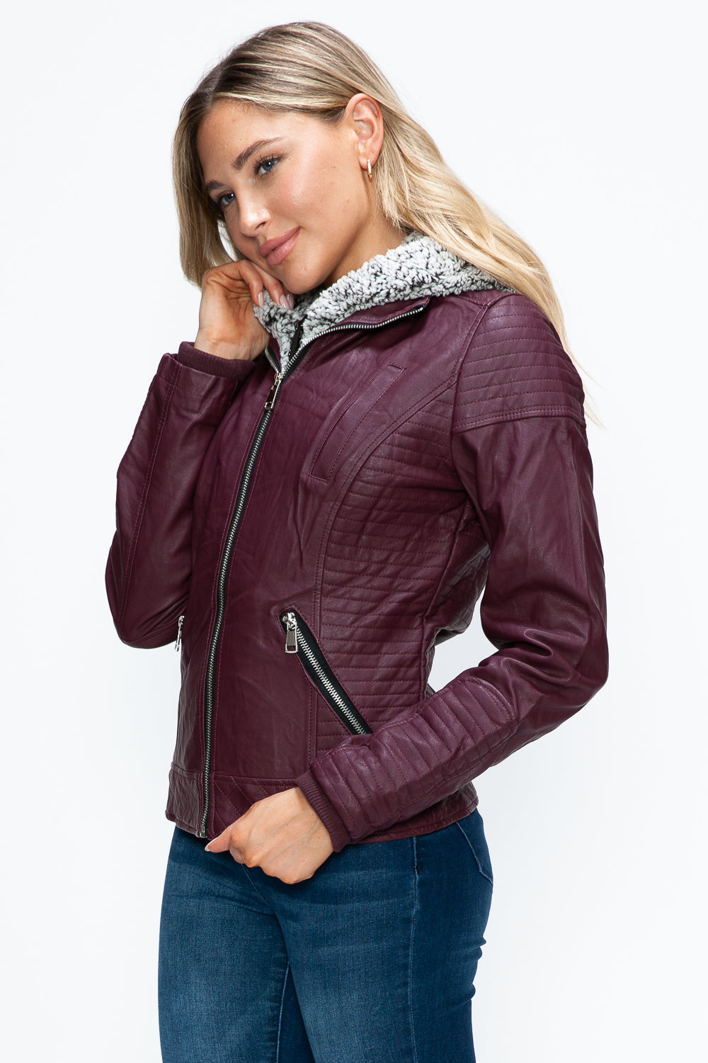 Faux Layered Double-Zipper Jacket with Fuzzy Hood In Wine