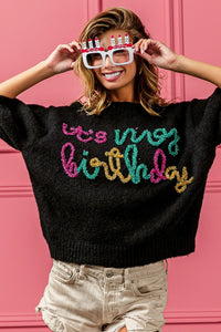 Happy Birthday Metallic Letter Puff Sleeve Sweater