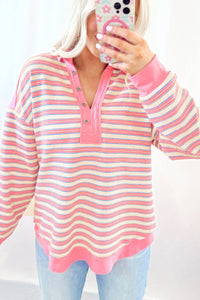 Striped Johnny Collar Long Sleeve Sweatshirt