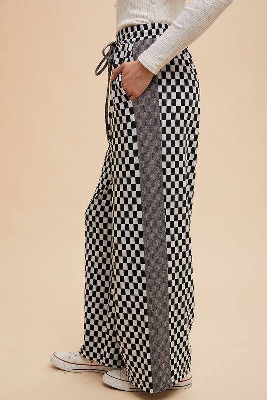 Drawstring Checkered Wide Leg Pants