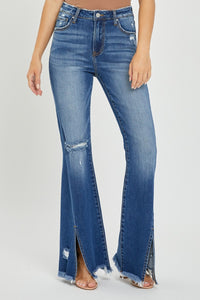 Callie High Rise Front Slit Frayed Hem Flare Jeans