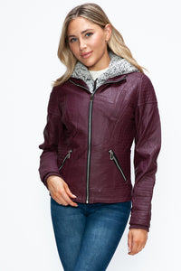 Faux Layered Double-Zipper Jacket with Fuzzy Hood In Wine