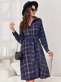 Alyssa Plaid Tie Waist Long Sleeve Dress