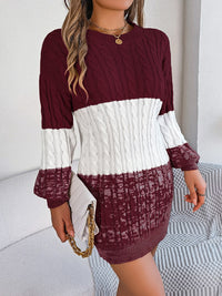 Abigail Cable-Knit Round Neck Color Block Sweater Dress In Multi Colors