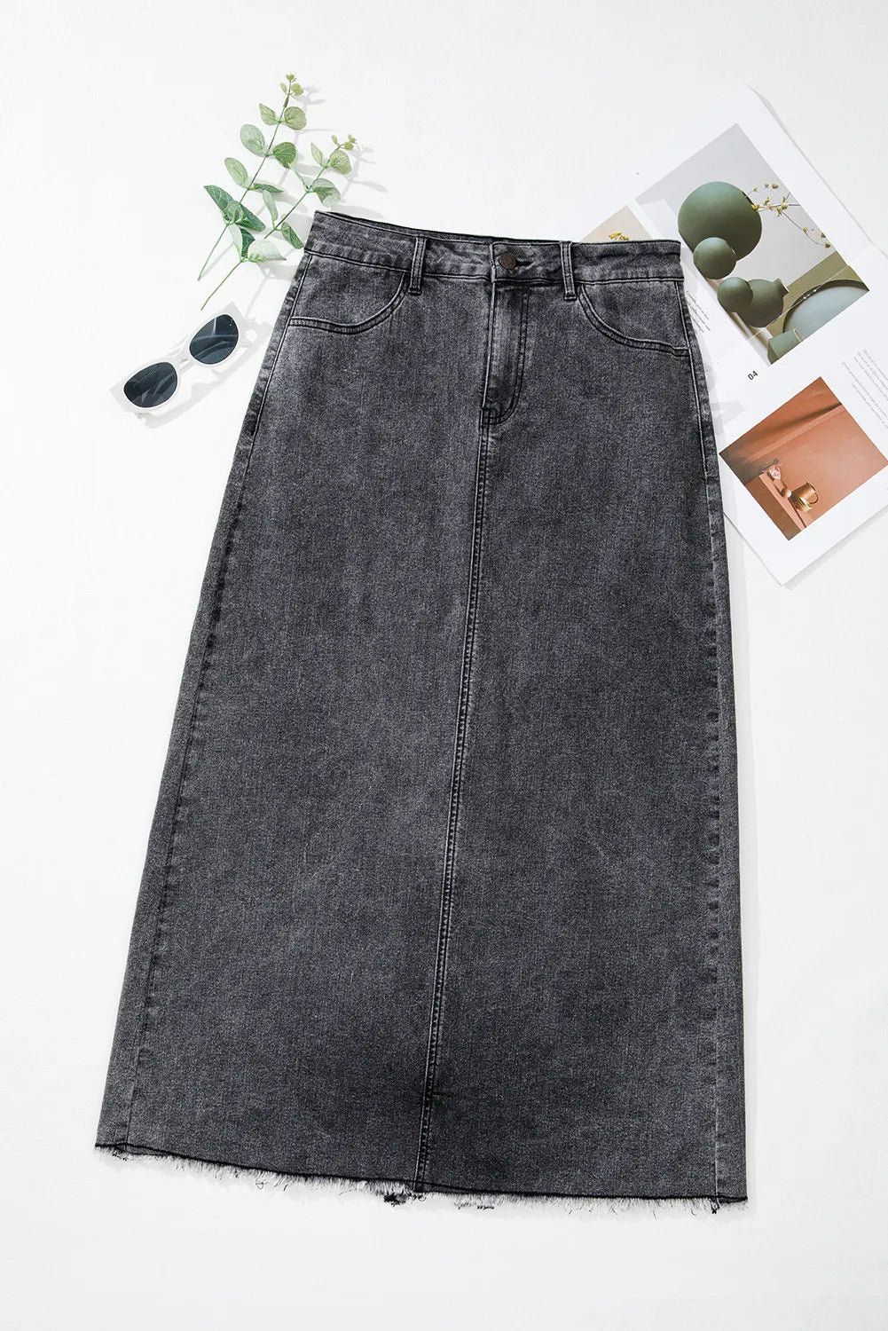 Hayden Raw Hem Midi Denim Skirt with Pockets