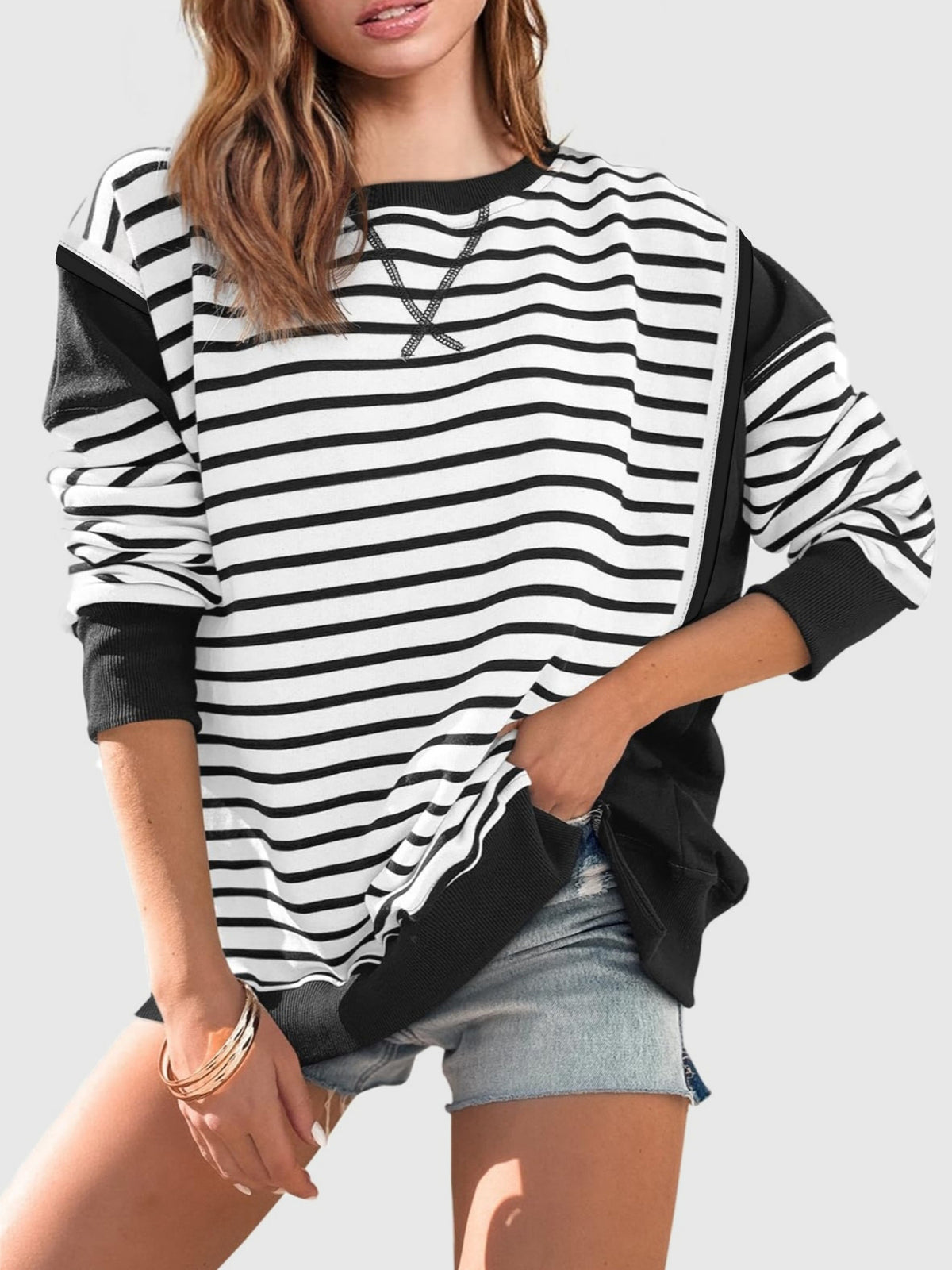 Clara Slit Exposed Seam Striped Sweatshirt In Multi Colors