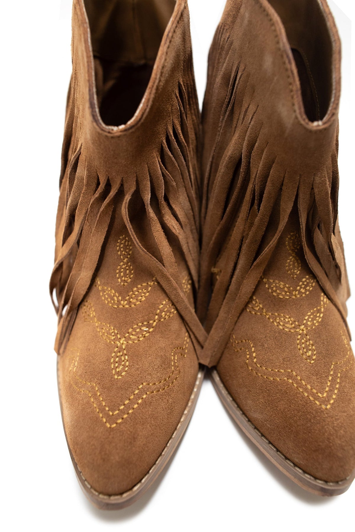 Amos Fringe Ankle Bootie in Tan Suede