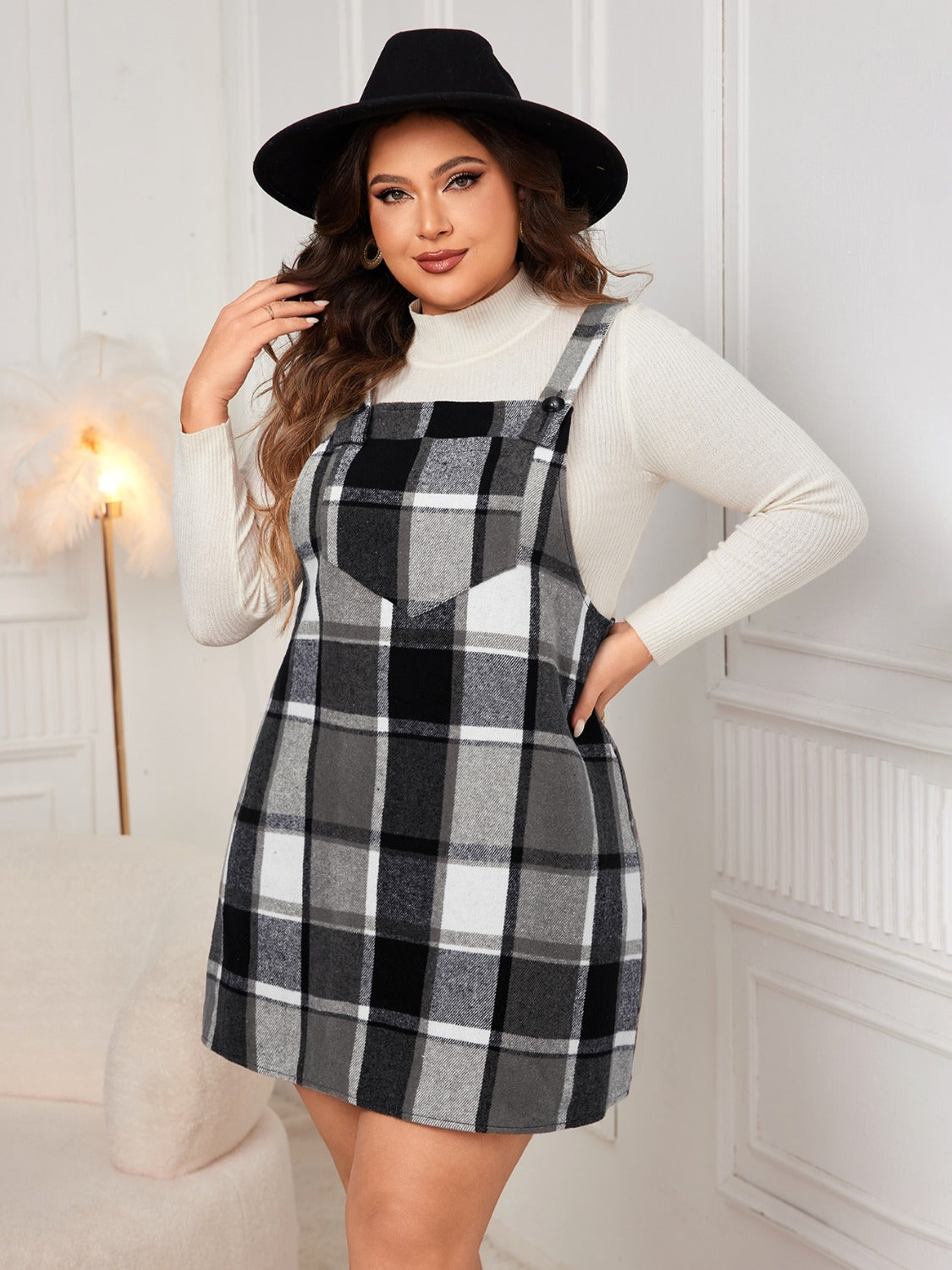 Leah Plus Size Plaid Wide Strap Overall Dress In Multi Colors