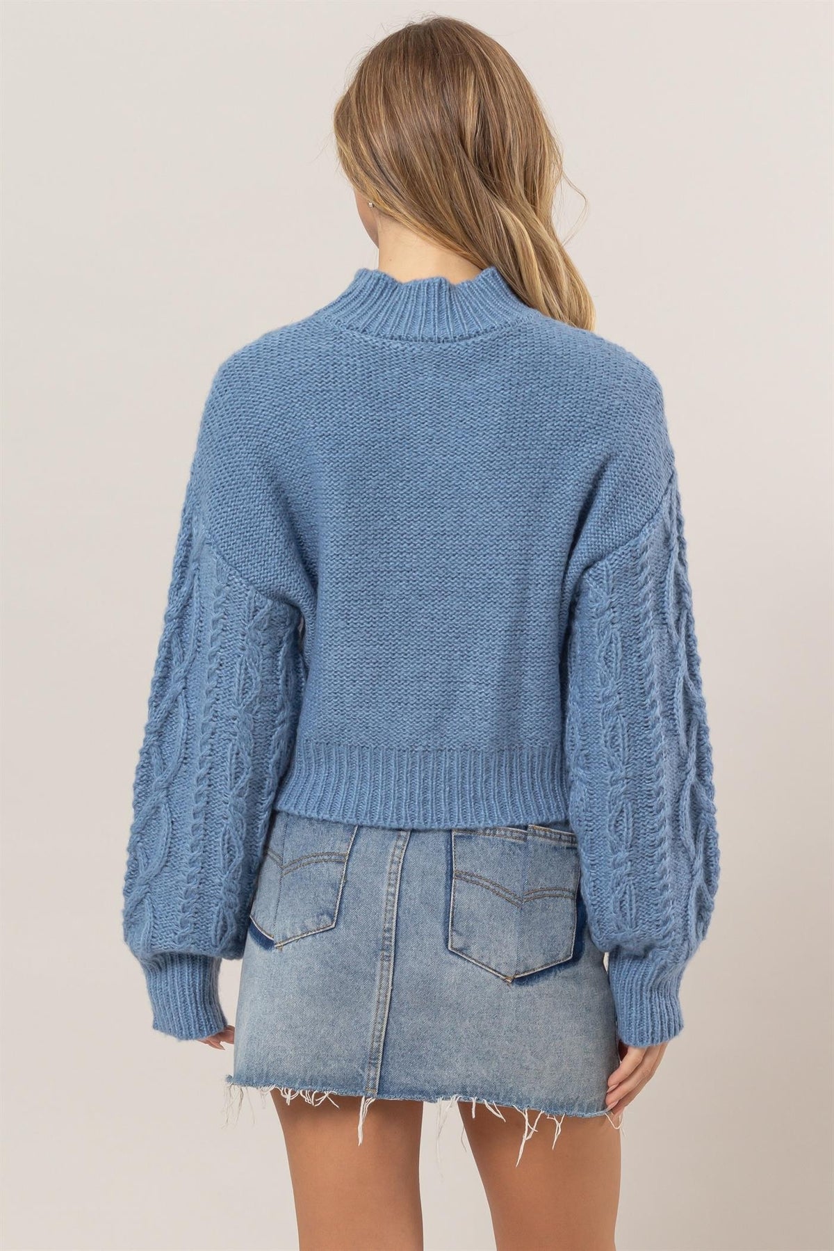 Cable-Knit Mock Neck Dropped Shoulder Sweater In Blue