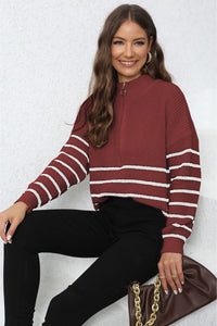 Mock Neck Long Sleeve Zip-Up Sweater In Multi Colors