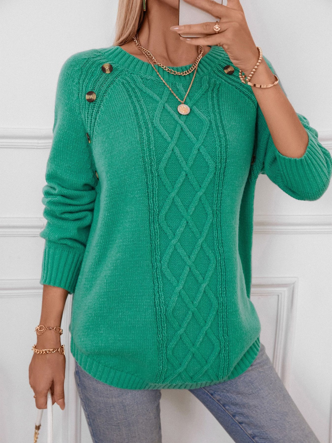 Decorative Button Round Neck Raglan Sleeve Sweater In Multi Colors