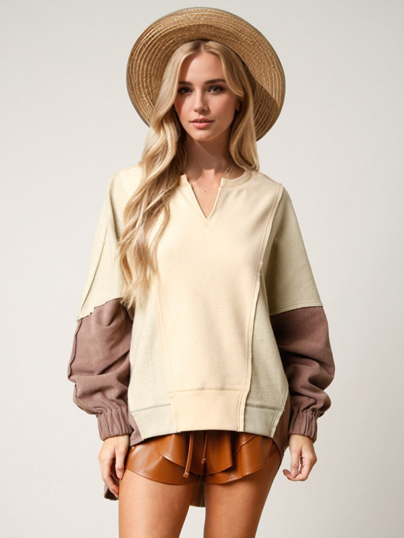 High-Low Contrast Notched Long Sleeve Sweatshirt In Two Colors