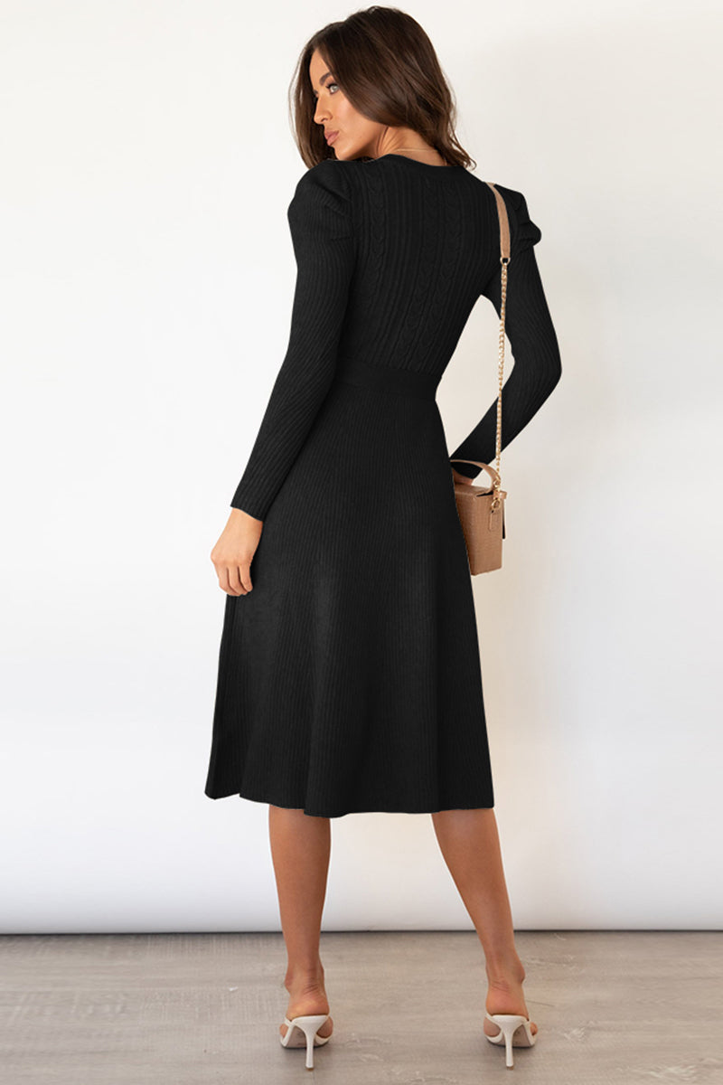 Round Neck Long Sleeve Tie Waist Sweater Dress In Multi Colors