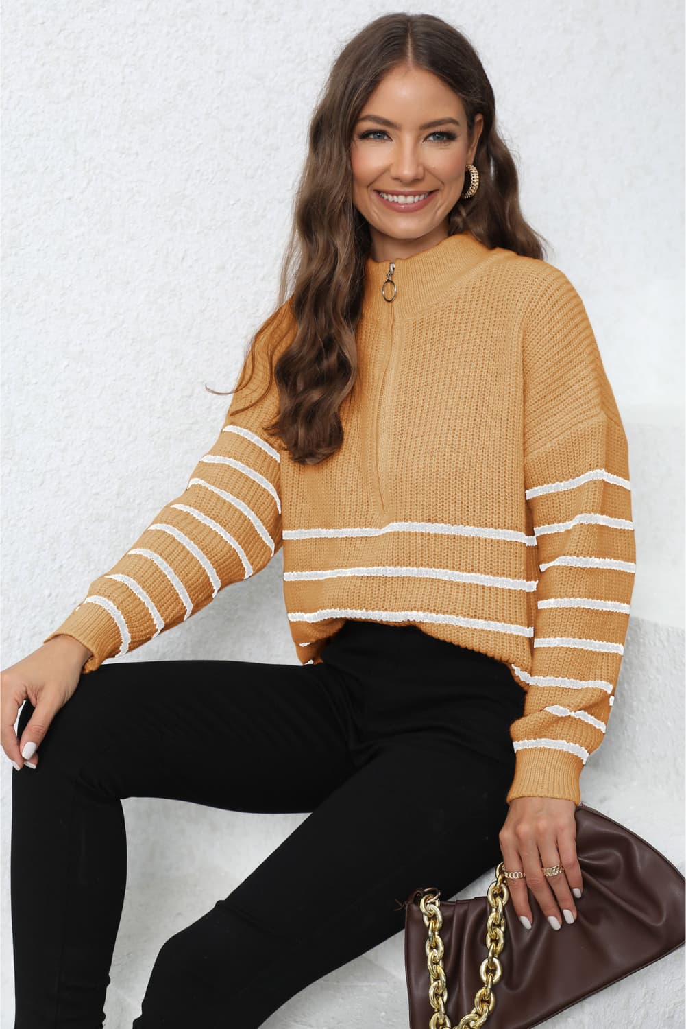 Mock Neck Long Sleeve Zip-Up Sweater In Multi Colors