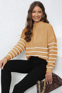 Mock Neck Long Sleeve Zip-Up Sweater In Multi Colors