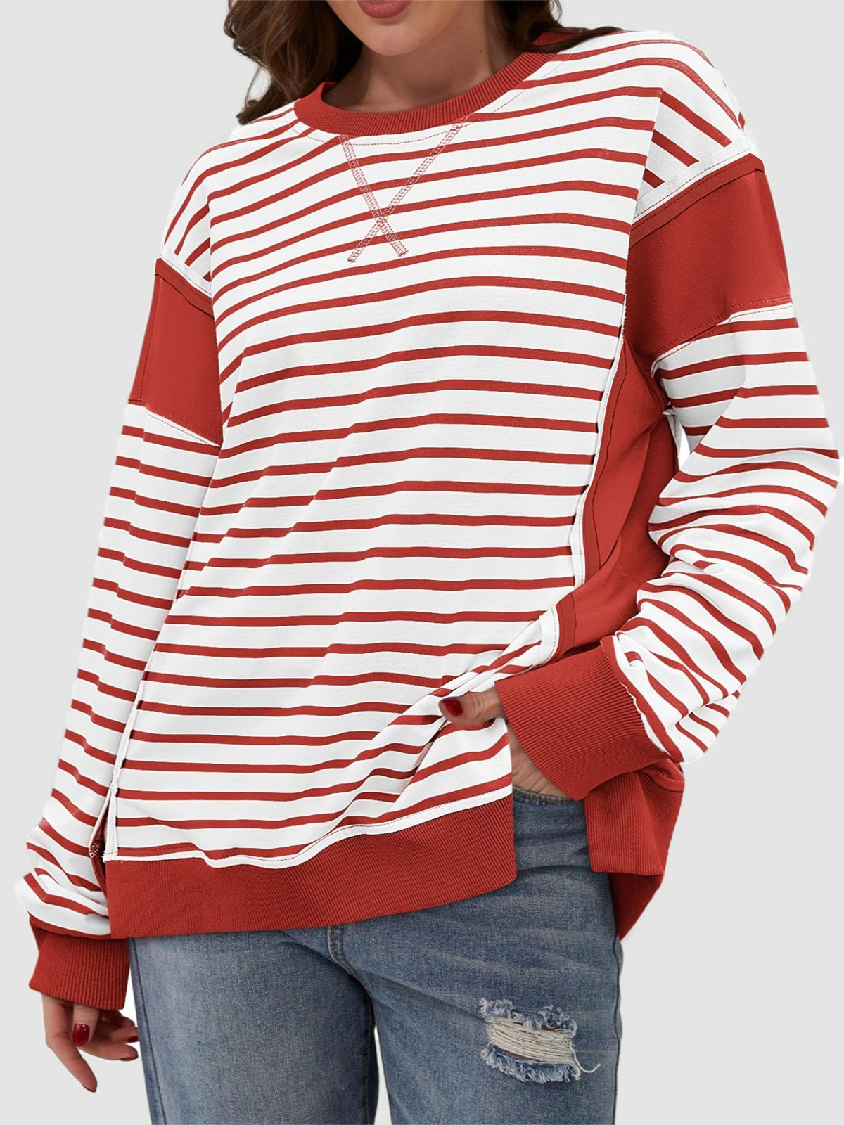 Clara Slit Exposed Seam Striped Sweatshirt In Multi Colors