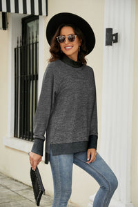 Heathered Slit High-Low Long Sleeve Top In multi Colors