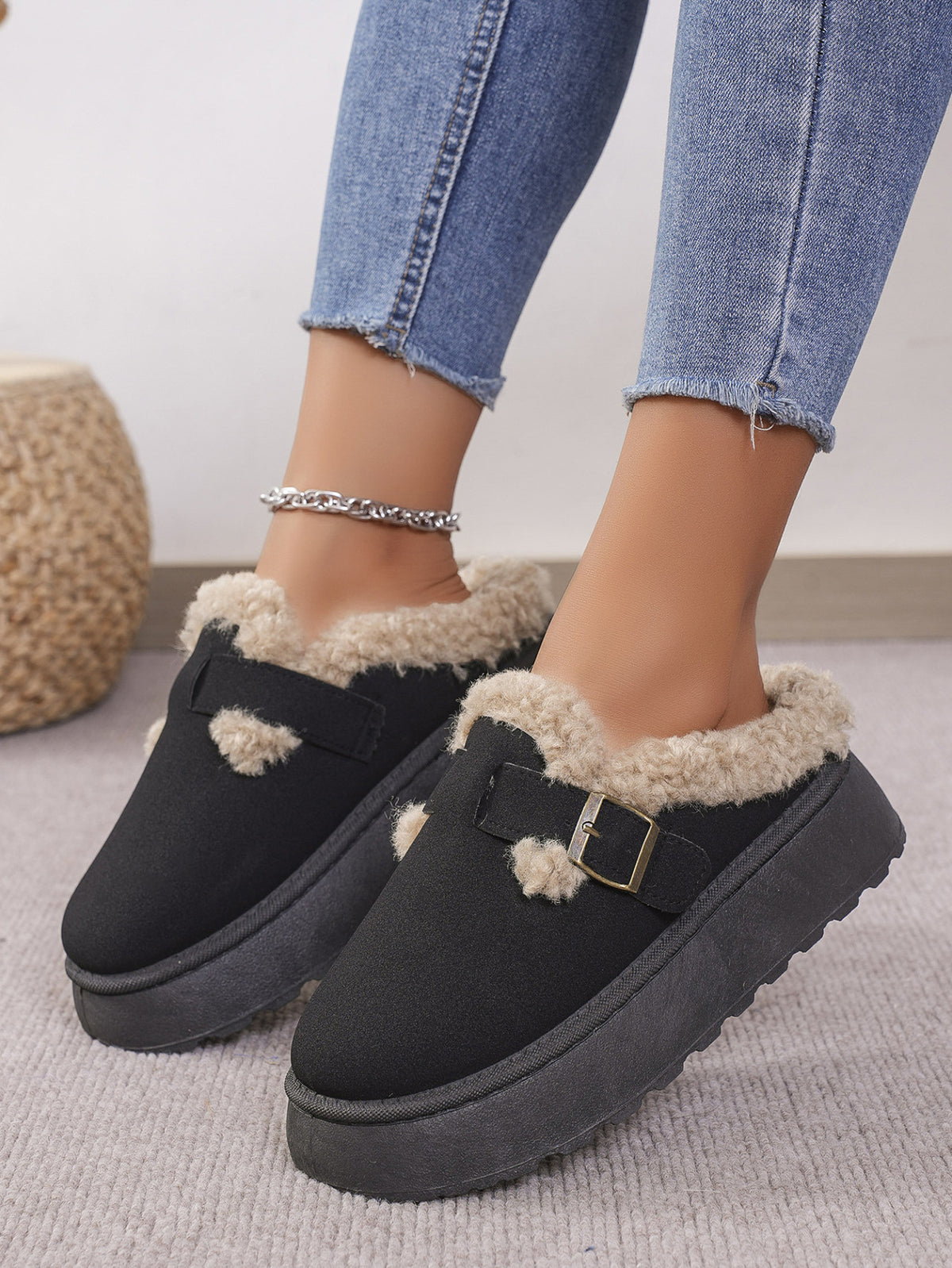 Thermal Fuzzy Buckle Platform Slippers In Multi Colors