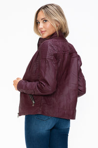 Faux Layered Double-Zipper Jacket with Fuzzy Hood In Wine