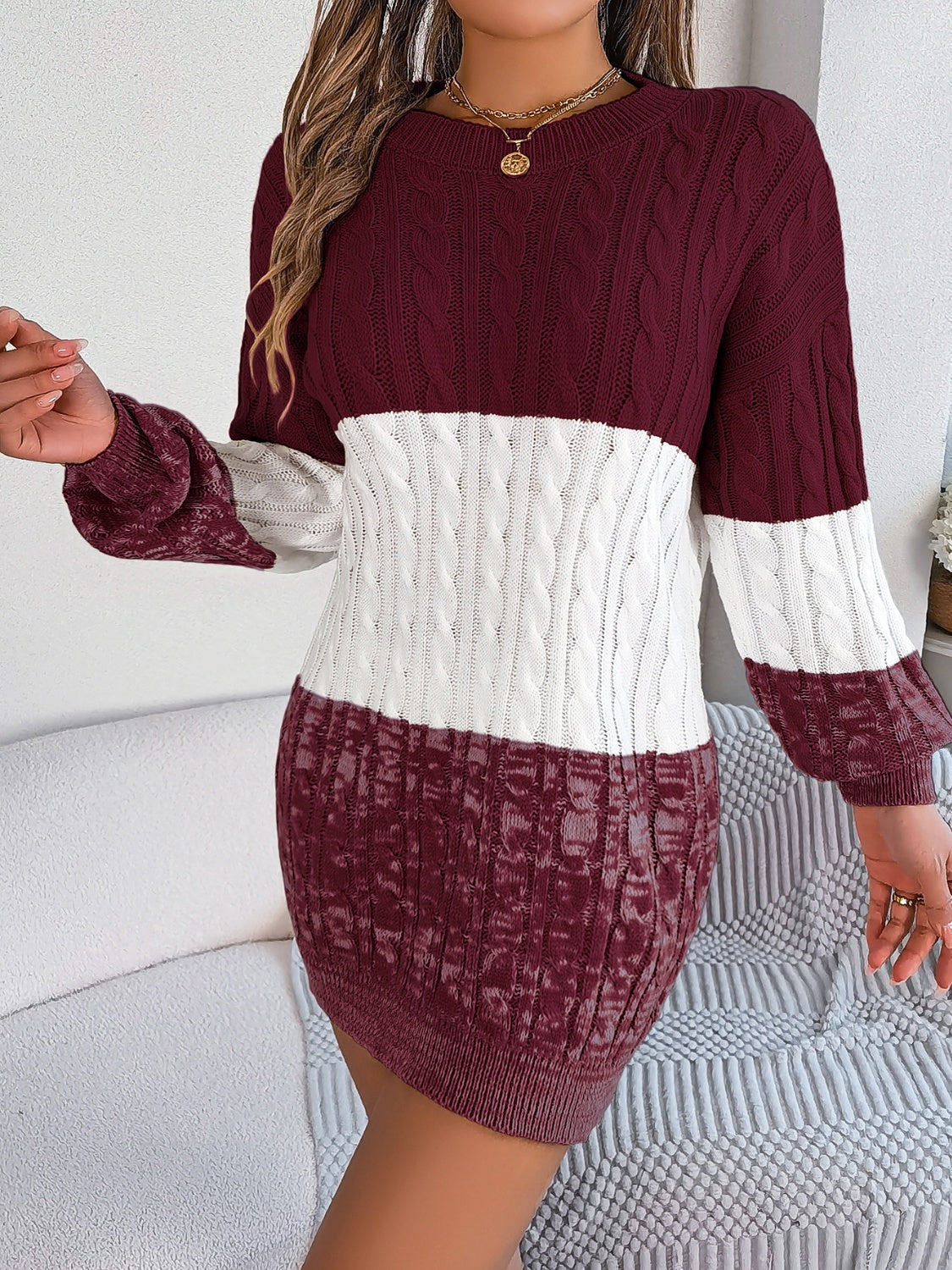 Abigail Cable-Knit Round Neck Color Block Sweater Dress In Multi Colors