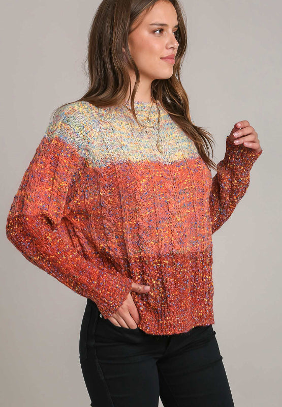 Adalynn Cable-Knit Color Block Round Neck Long Sleeve Sweater