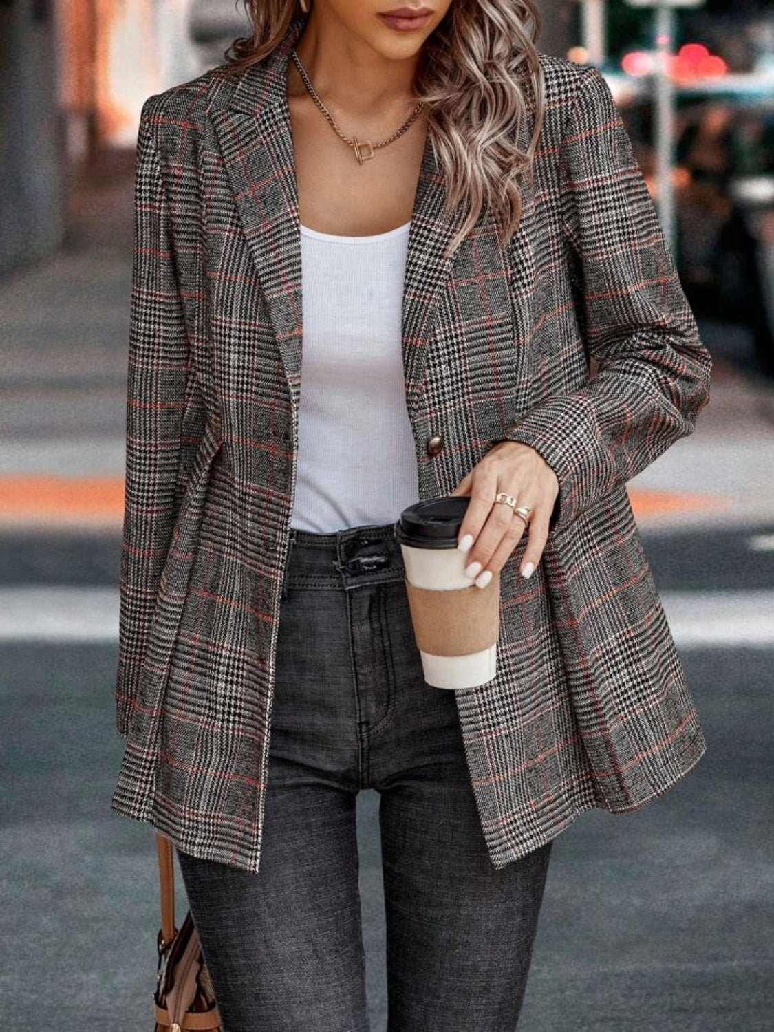 Plaid Button Up Lapel Collar Blazer In Multi Colors