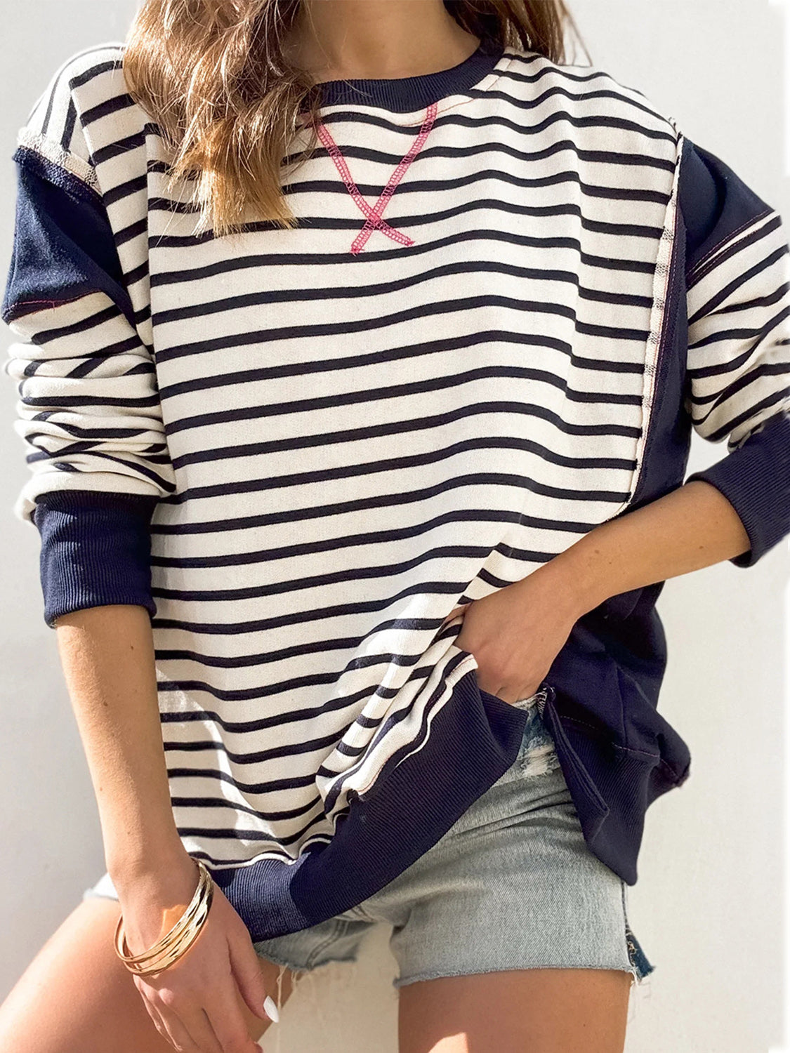 Clara Slit Exposed Seam Striped Sweatshirt In Multi Colors