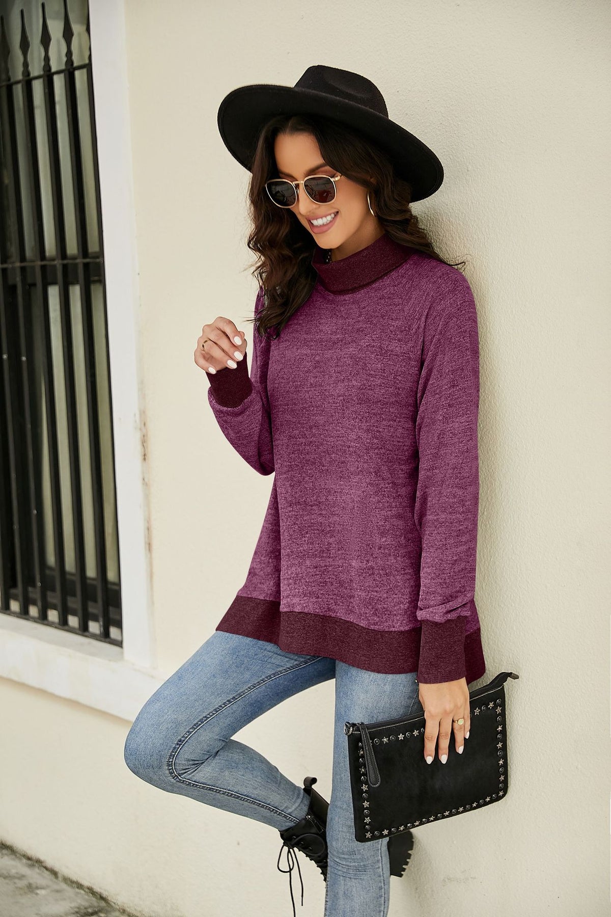 Heathered Slit High-Low Long Sleeve Top In multi Colors