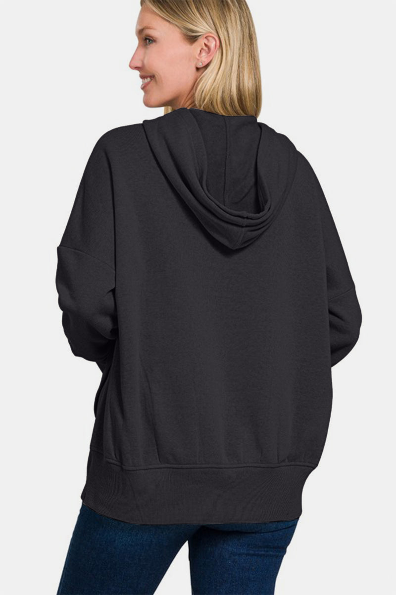 Half Snap Long Sleeve Hoodie with Kangaroo Pocket