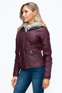 Faux Layered Double-Zipper Jacket with Fuzzy Hood In Wine