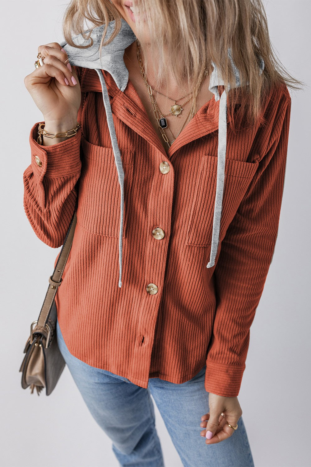 Drawstring Button Up Long Sleeve Hooded Jacket In Multi Colors