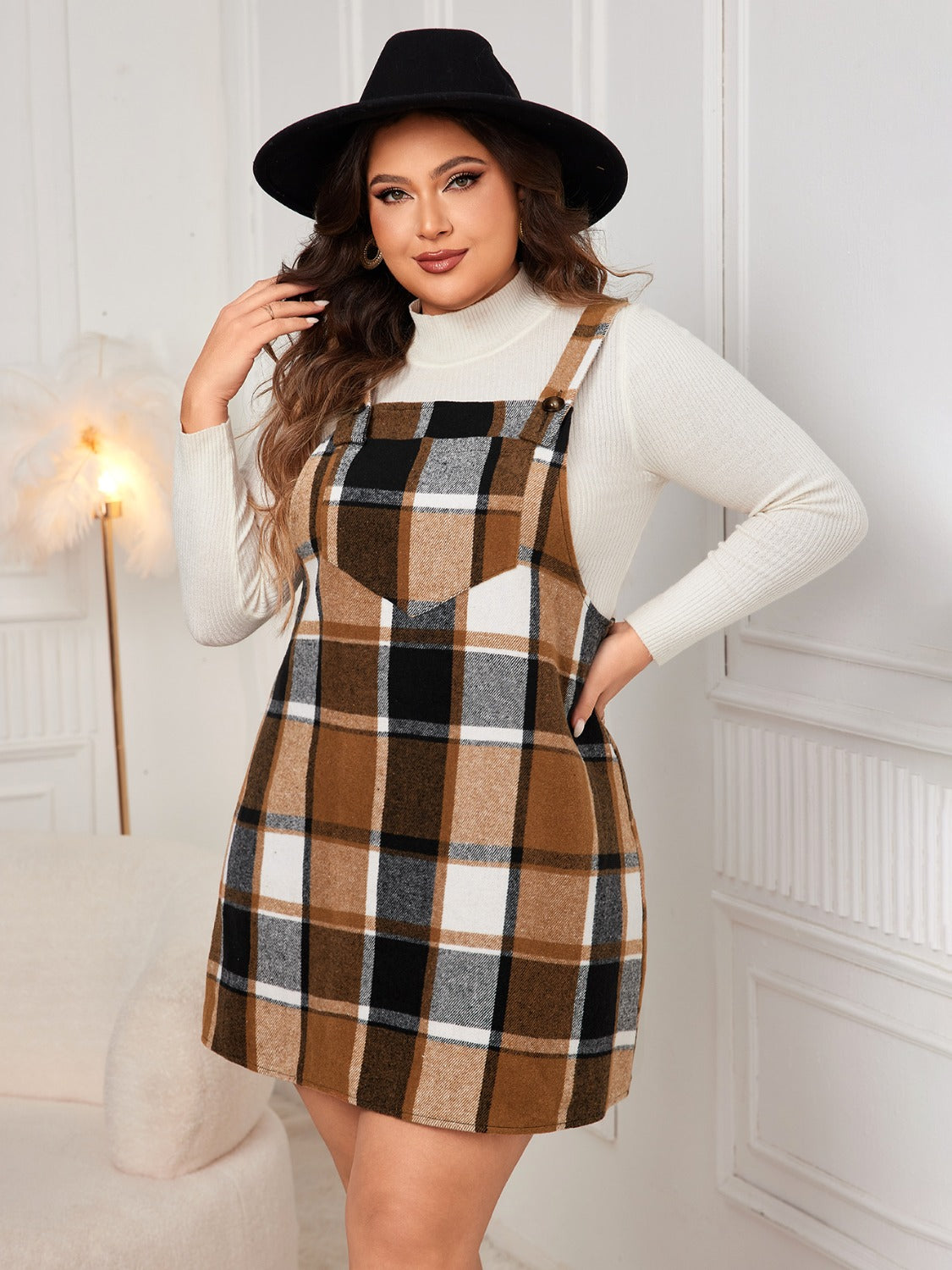 Leah Plus Size Plaid Wide Strap Overall Dress In Multi Colors