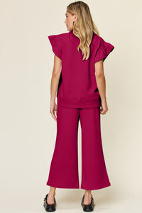 Texture Ruffle Top and Wide Leg Pants Set In Multi Colors