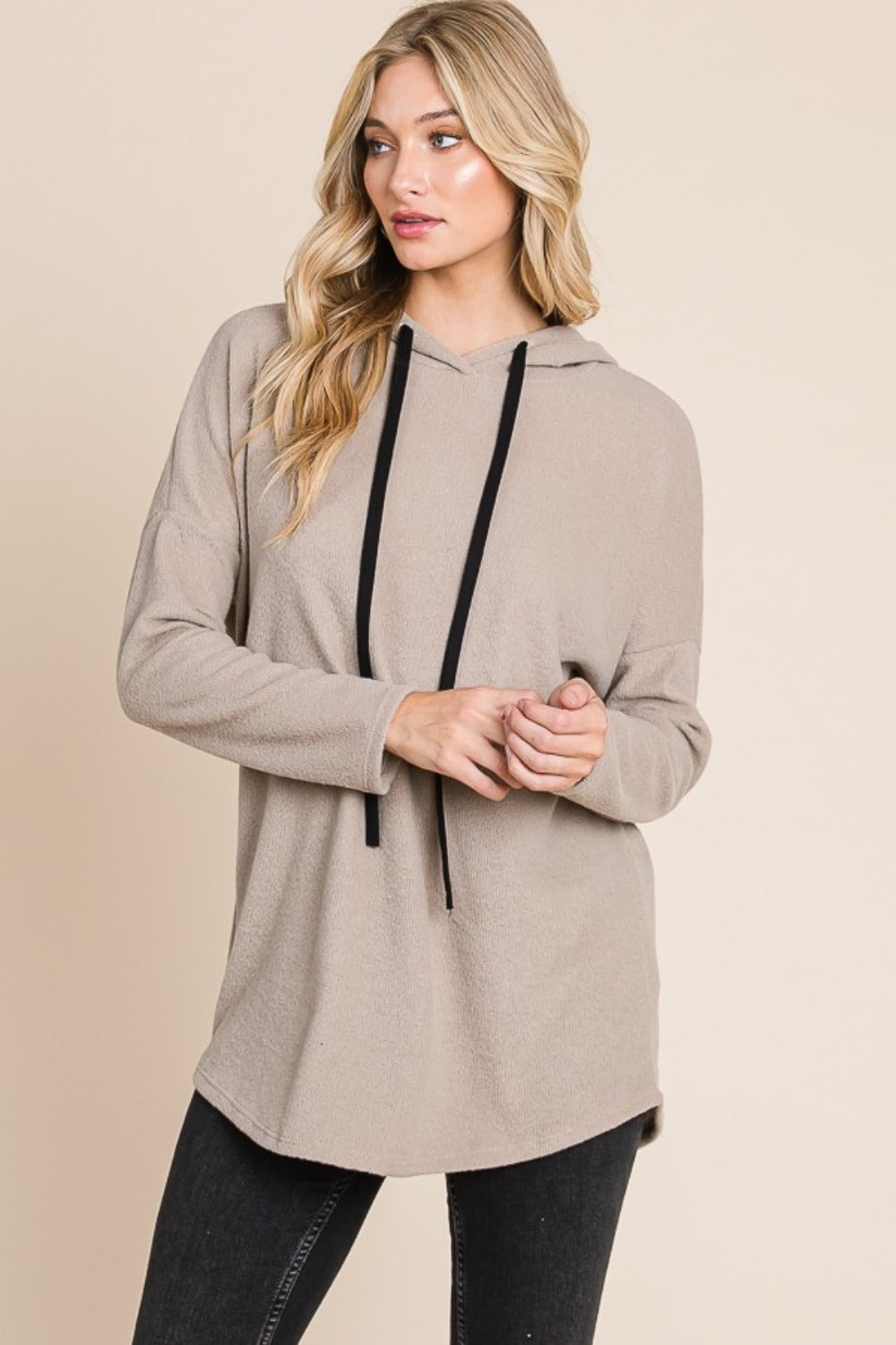 Contrast Drawstring Drop Shoulder Knit Hoodie