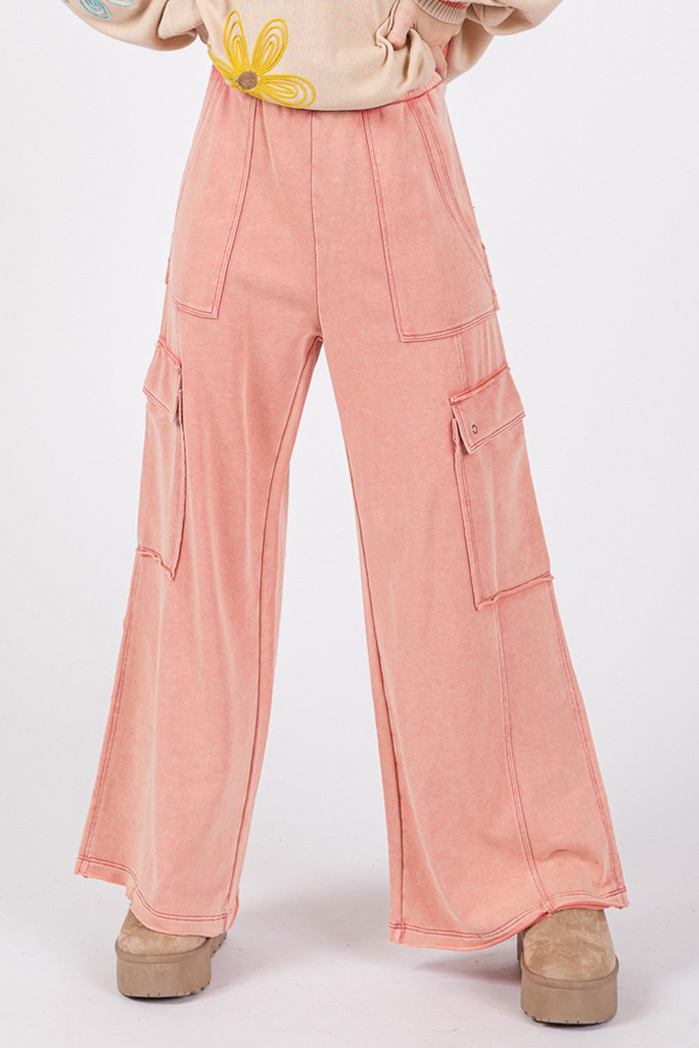 Ava Rose Knit Terry Mineral Wash Wide Leg Pants