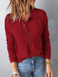 Half Button Collared Neck Drop Shoulder Top