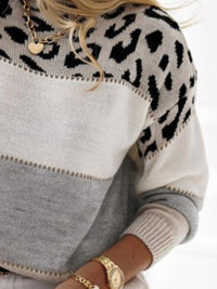 Leopard Color Block Round Neck Long Sleeve Sweater In Multi Colors