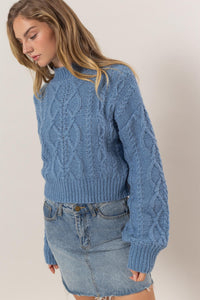 Cable-Knit Mock Neck Dropped Shoulder Sweater In Blue