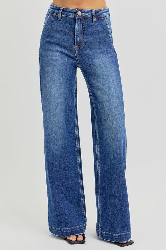 High Rise Wide Leg Jeans with Slanted Pockets