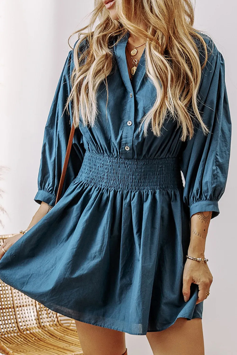 Smocked Half Button Mini Dress