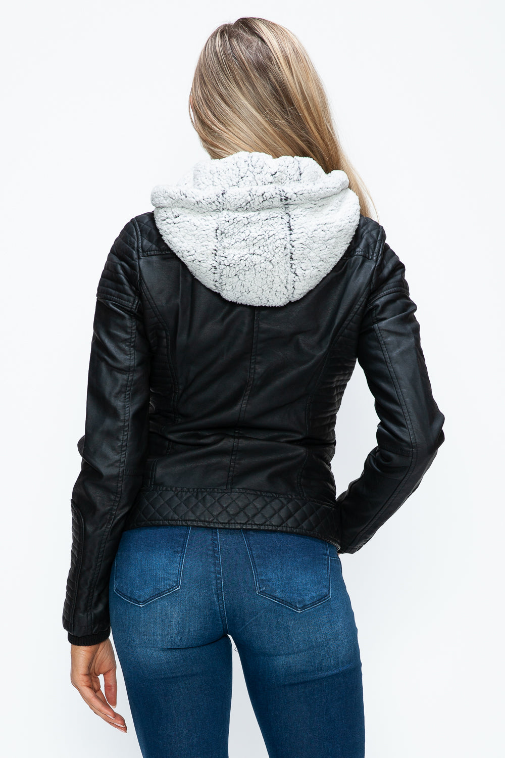 Faux Layered Double-Zipper Jacket with Fuzzy Hood In Black