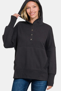 Half Snap Long Sleeve Hoodie with Kangaroo Pocket