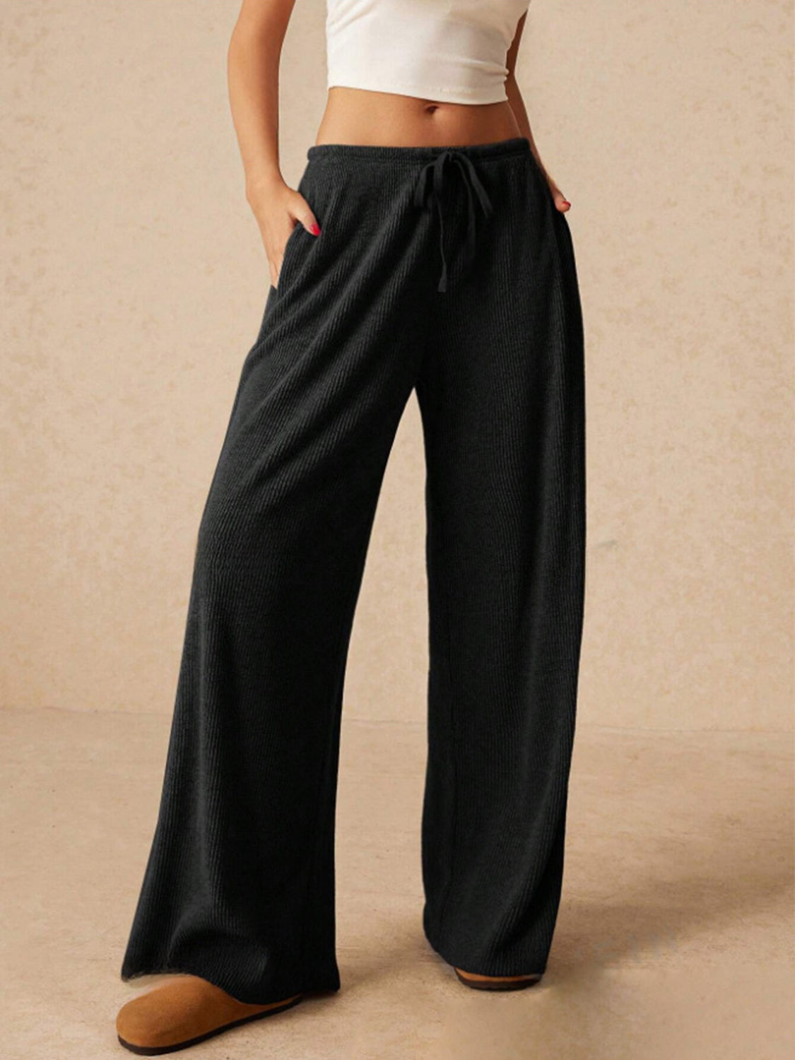 Ribbed Drawstring Wide Leg Pants In Multi Colors