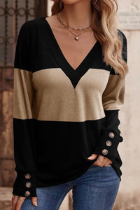 Elena Button Contrast V-Neck Top In Multi Colors