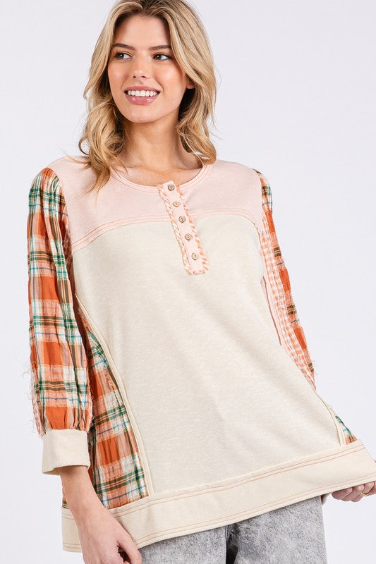 Exposed Seam Button Detail Plaid Top