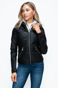 Faux Layered Double-Zipper Jacket with Fuzzy Hood In Black