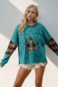 Double Take Drawstring Plaid Star Patch Hoodie